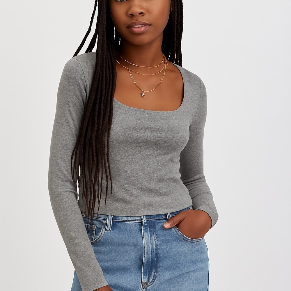 Planet Heart Square Neck Long Sleeve Tee Top Gray L NWT Juniors Stretch